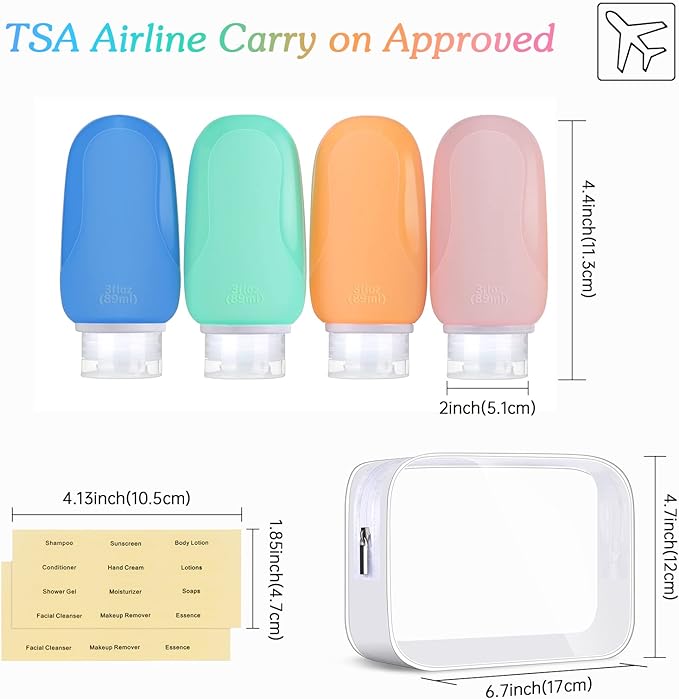 Morfone Travel Bottles Set for Toiletries, Tsa Approved Travel Size Containers BPA Free Leak Proof Refillable Liquid Silicone Squeezable Travel Accessories for Shampoo Conditioner Lotion (4Pack 3oz)