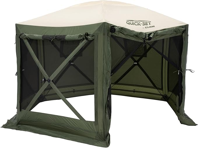 CLAM Pop Up Screen Tent, Outdoor Camping Gazebo Canopy, Pavilion, 12.5', Green/Tan