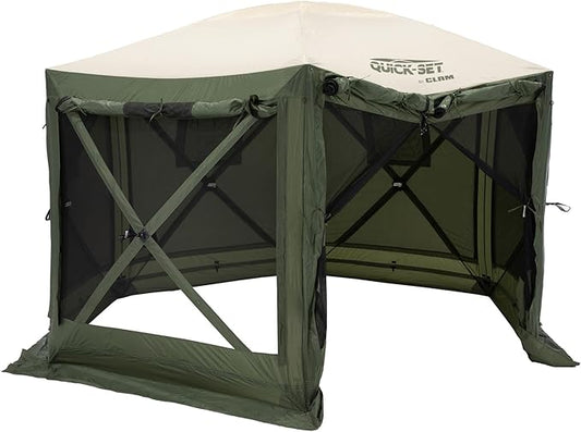 CLAM Pop Up Screen Tent, Outdoor Camping Gazebo Canopy, Pavilion, 12.5', Green/Tan