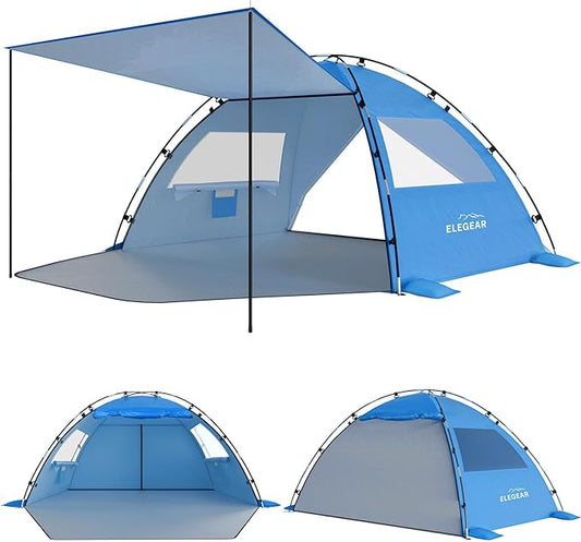 Elegear Beach Tent Sun Shelter with Canopy, 4-5 Person Pop Up Beach Tent Cabana, Easy Setup UPF 50+ UV Protection Portable Lightweight Double Silver Coating Sun Shade Shelter - Dark Blue