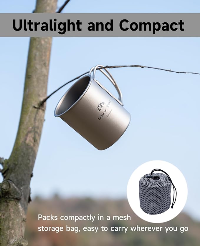 iClimb Titanium Cup Camping Coffee Mug Ultralight Compact with Foldable Handle (750ml)