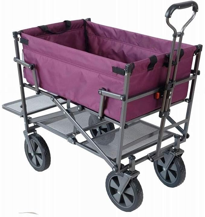 MacSports Double Decker Heavy Duty Steel Frame Collapsible Outdoor Utility Garden Cart Wagon with Lower Storage Shelf and 150 Pound Capacity, Purple