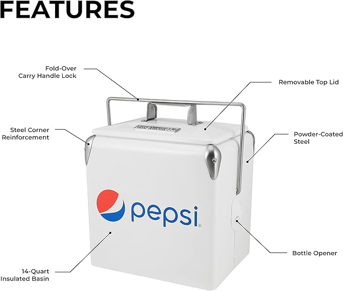 Permasteel PS-A205-14PE-WT Picnic Cooler, 14 Quart, Pepsi White