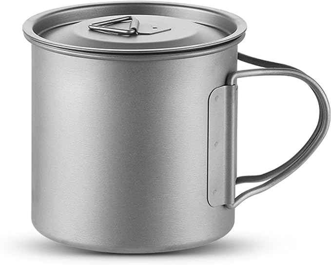 Titanium Camping Mug 400ml/13.5oz Lightweight Titanium Pot with Lid Foldable Handle Tea Cup Coffee for Outdoor Backpacking Hiking Traveling Picnic