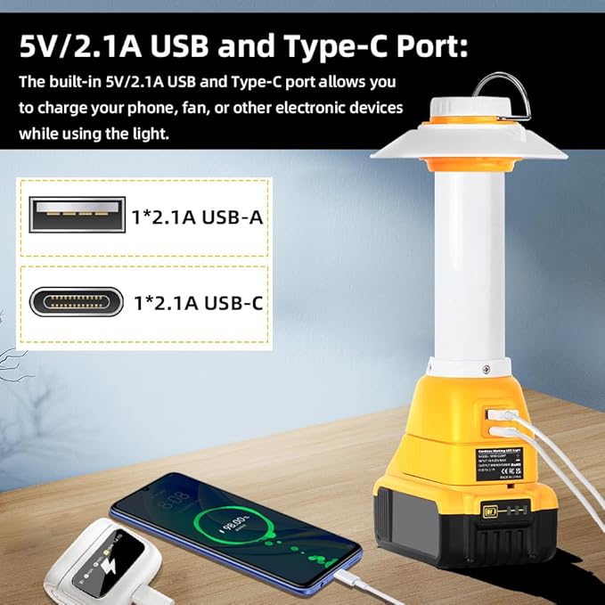 800LM Lantern Compatible with Dewalt 20V Max Battery Outdoor Portable Camping Lantern with Hook USB and Type-C Output Emergency Light Perfect for Camping Hiking and Outdoor Activities(NO Battery)