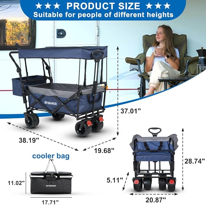 Collapsible Wagon with Removable Canopy, 3-in-1 Heavy Duty Garden Cart with Big All-Terrain Wheels, Brakes, Adjustable Push Pull Handle, Cooler Bag, 300LBS Wagon Cart for Camping (Blue)