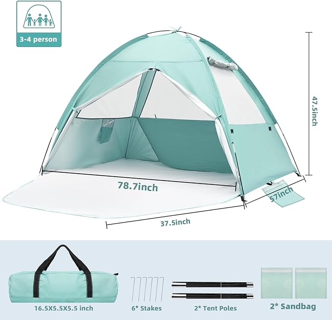 Beach Tent for 3-4 Person, Large Easy Setup Beach Shade Canopy with UPF 50＋ UV Protection, Portable Shade Tent with 3 Ventilating Mesh Windows for Outdoor, Picnics, Fishing