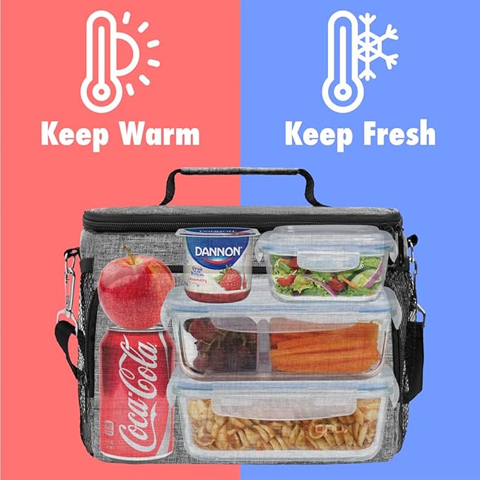 opux Insulated Lunch Bag for Men Women, Soft Lunch Box for Office Work School Picnic, Leakproof Lunch Cooler Bag with Shoulder Strap for Kid Adult Boy Girl, Medium Lunchbox Lunch Tote (Heather Gray)