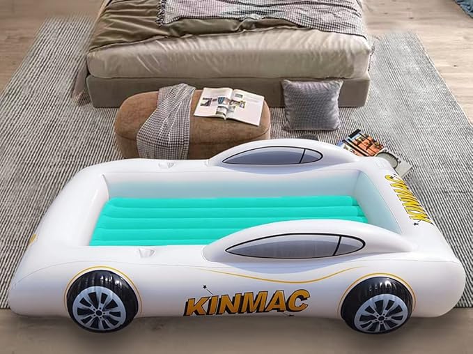 KINMAC Inflatable Toddler Travel Bed- Portable Travel Toddler Air Bed for Kids Camping Air Mattress Racecar Toddler Bed with Sides Blow Up Mattress Sleeping Pad for Camping Car Travel Sleeping(Green)