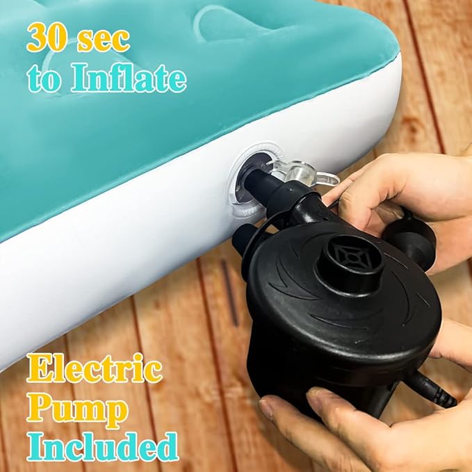 Inflatable Kids Travel Bed Toddler Air Mattress Set,Portable Blow Up Mattress Sleeping Bed Cot with Bed Rails and Electric Pump Ideal for Road Trip