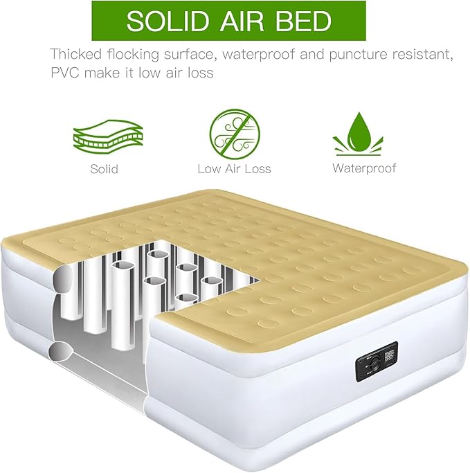 YENING Full Size Air Mattress with Built in Pump Raised Double Blow up Bed Inflatable Camping Airbed Electric 18 Inch Tall Beige