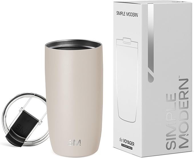 Simple Modern Travel Coffee Mug Tumbler with Flip Lid | Reusable Insulated Stainless Steel Cold Brew Iced Coffee Cup Thermos | Gifts for Women Men Him Her | Voyager Collection | 16oz | Almond Birch
