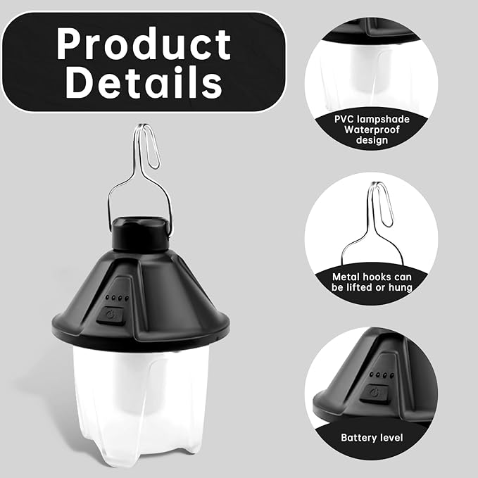 LED Camping Lantern Rechargeable, Waterproof Survival Camping Light, Portable Lantern Flashlight Tent Light with 5 Light Modes for Hurricane, Hiking, Camping, Power Outages (Black)