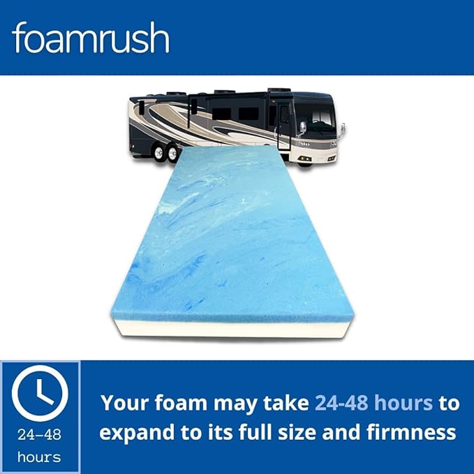 FoamRush 6" x 48" x 75" Gel Memory Foam Mattress Replacement, Travel Comfort, Pressure Relief Support, Made in USA, Camper Trailer Truck, Cover Not Included, Three Quarter Size.