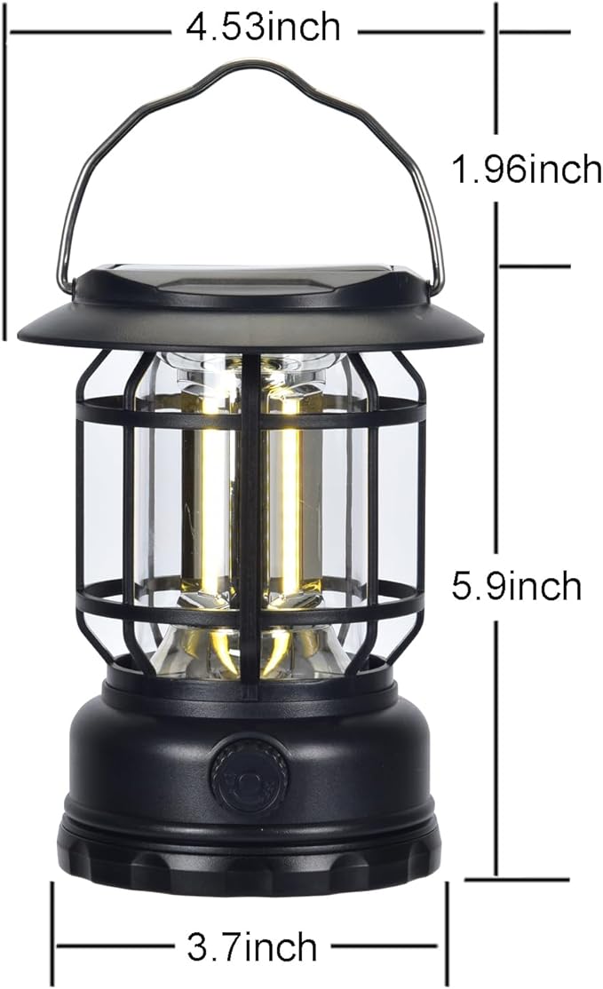 Solar Camping Lantern, USB Rechargeable Retro Dimmable Horse Camp Lamp Outdoor IPX4 Waterproof Vintage Portable Tent Light for Indoor Outages Hiking Emergency, Black