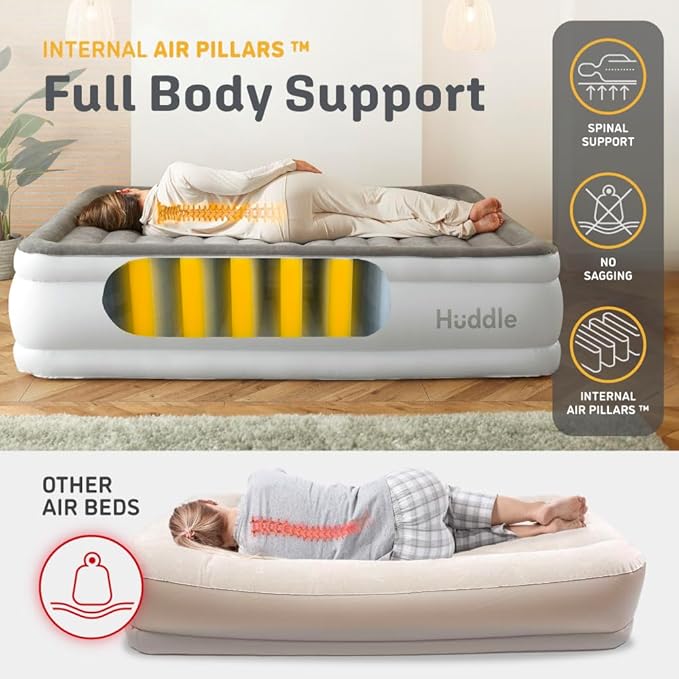 Huddle® Luxury Never Deflate Queen Air Bed with Patented Dual Pump SlumberGuard™ Premium Technology | Inflatable Mattress with Built-in Pump | Comfortable Inflatable Mattress