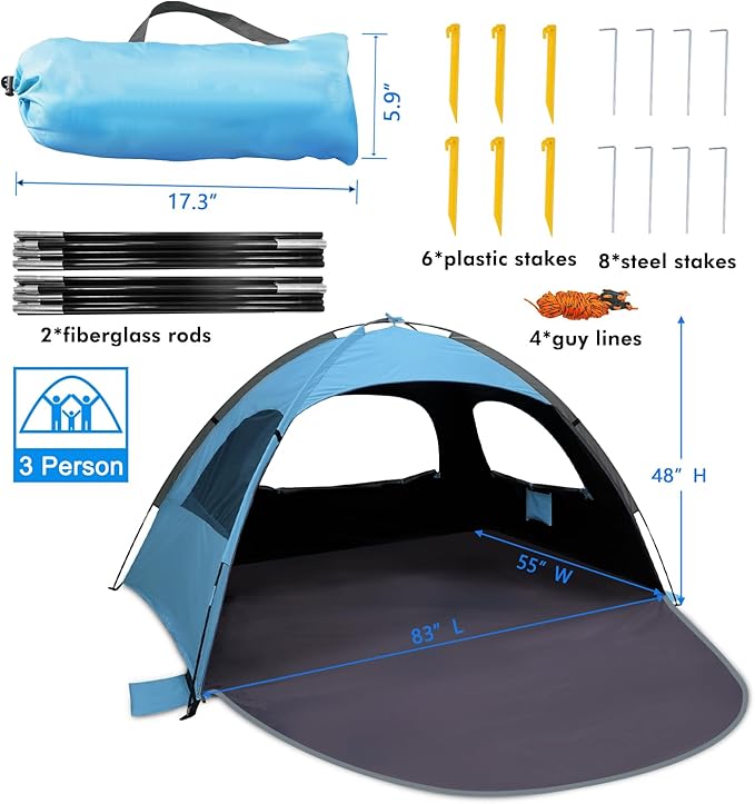 WhiteFang Beach Tent Anti-UV Portable Sun Shade Shelter for 3/4/6/8 Person, Extendable Floor with 3 Ventilating Mesh Windows Plus Carrying Bag, Stakes and Guy Lines