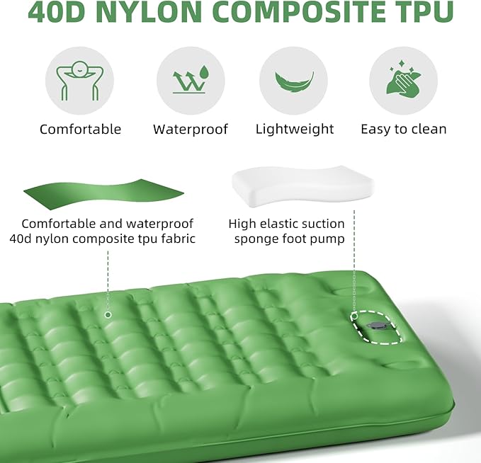 INVOKER 5.12" Camping Sleeping Pad with Built-in Foot Pump, Ultralight Inflatable Camping mat, for Camping, Backpacking, Hiking, Car Travel, Tent, Picnic, Beach, Green