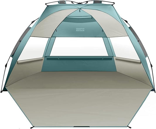 OutdoorMaster Beach Tent for 3-4 Person - Easy Setup and Portable Beach Shade Sun Shelter Canopy with UPF 50+ UV Protection Removable Skylight Family Size