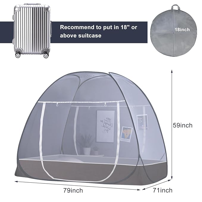 AMMER Portable Mosquito Net Tent for Beds, Pop-Up Foldable Mosquito Netting Folding Design with Net Bottom,2 Entries,Suit for Twin to King Size Bed (79x71x59inch)