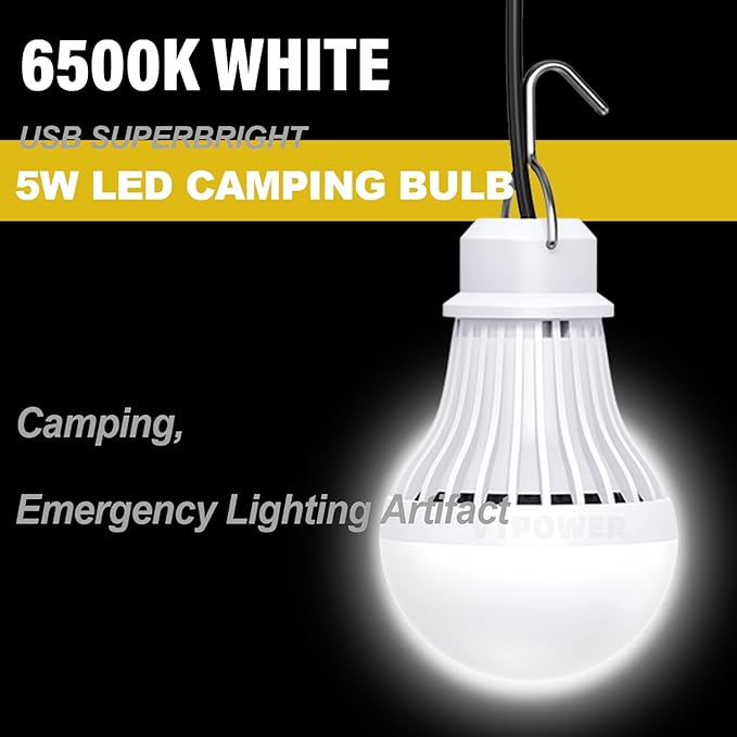 USB LED Light Bulb Camping Latern Outdoor Light with Simple Switch, Portable LED Bulb 5V 5W for Garage Warehouse Car Truck Fishing Boat Outdoor Emergency Light White Lamp 2.5m/8.2ft…