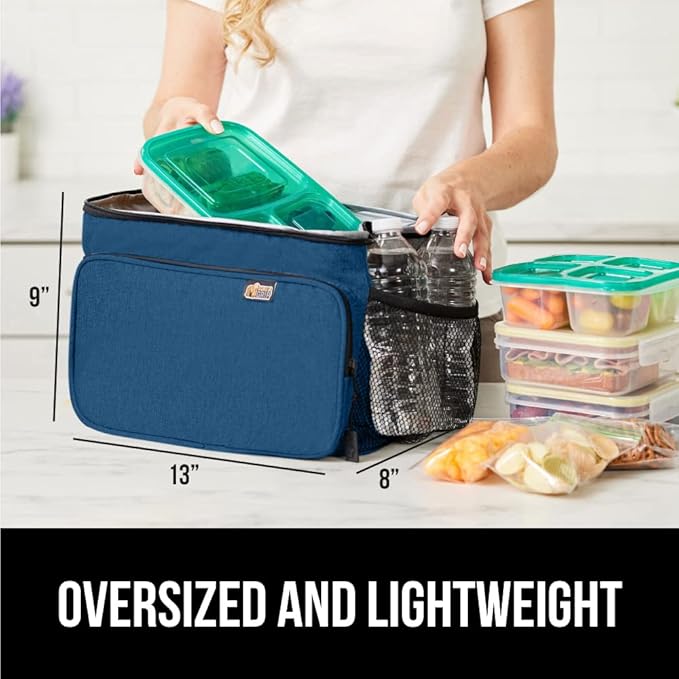 GORILLA GRIP Reusable Insulated Lunch Box Bag for Women Men,15L, Leakproof XL Soft Cooler Bags, Multiple Compartments, Mesh Pockets and Adjustable Strap, Food Tote Keeps Drinks Cold, 13x9, Navy Blue