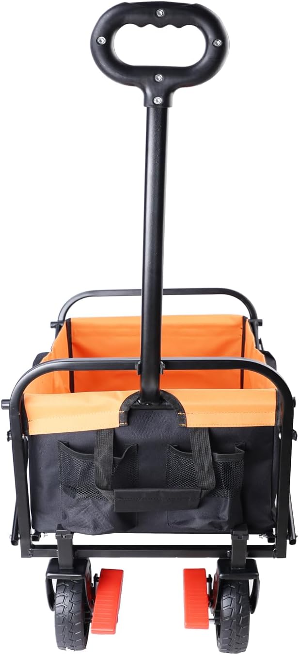 Collapsible Folding Wagon Garden Shopping Beach Cart,Light Utility Buggy with Big Wheels,Adjustable Handle and Cup Holder,for Sand,Camping,Outdoor,30.31",Black+Yellow