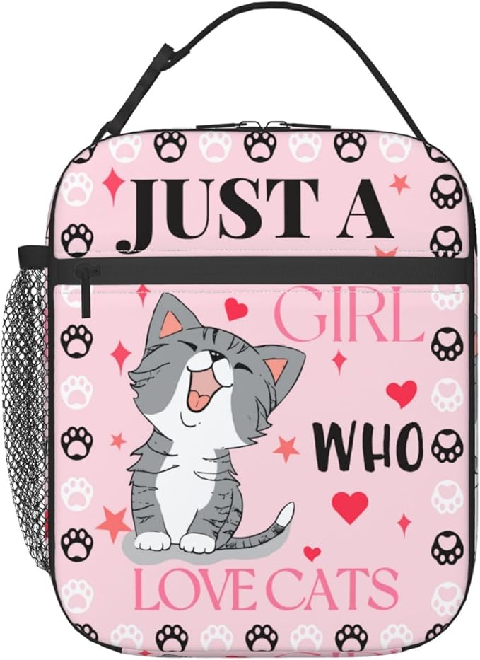 Cute Cat Pink Lunch Bag Large Capacity Heat Insulated Lunch Box, Just A Girl Who Loves Cats Leakproof Durable Portable Reusable Handbags Thermal Cooler Tote Bag for School