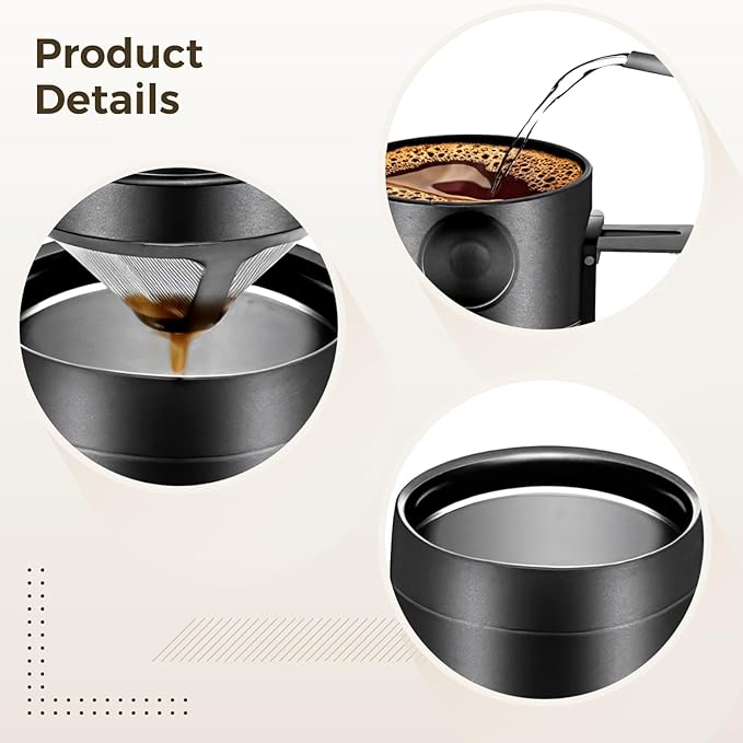 Pour Over Coffee Maker Camping Set, Stainless Steel Quality Design, Includes Filter and Spoon, Ideal for Travel Office and Home Use