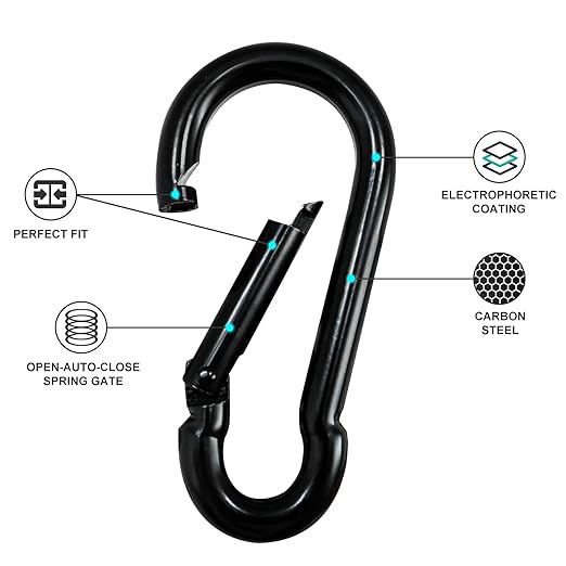 KINLINK 4 Pack Black Carabiner Clip, 4 inch Heavy Duty Spring Snap Hook, Caribeener Clips for Outdoor Camping, Swing Set, Hammock, Hiking Travel, Fishing, Weight Lifting Machine