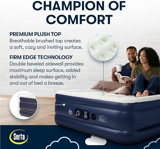 Serta Raised Air Mattress with Never Flat Pump | Luxury Inflatable Mattress with Built in Air Pump to Ensure a Good Night’s Rest | Heavy Duty Blow Up Mattress with Self Inflating Pump