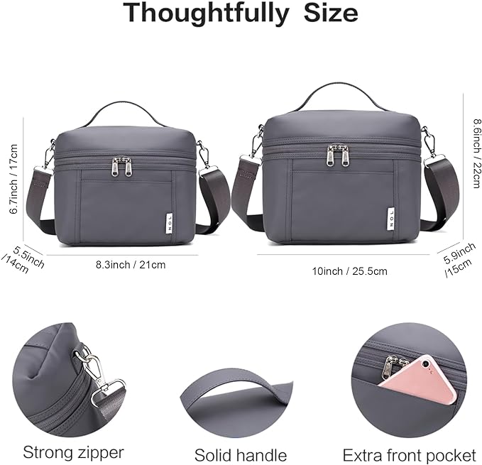 NOL Natural Organic Lifestyle Small Insulated Lunch Bags for Women Cooler Bag Lightweight Nylon Waterproof Lunch Box For Work（Small,Gray）