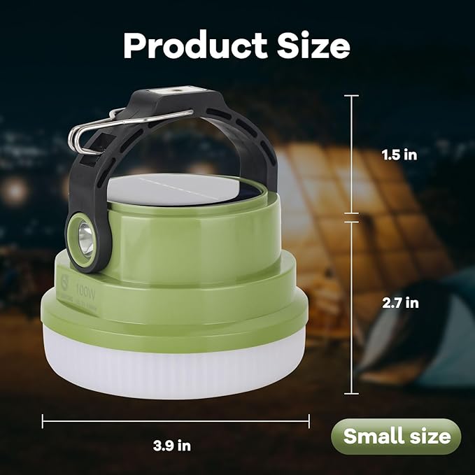 Solar Camping Lantern Rechargeable, 2-in-1 10000mAh Rechargeable Camping Light and Phone Charger for Hiking,Travel - Emergency Hanging Light for Hurricane, Power Outage, 100W, Green