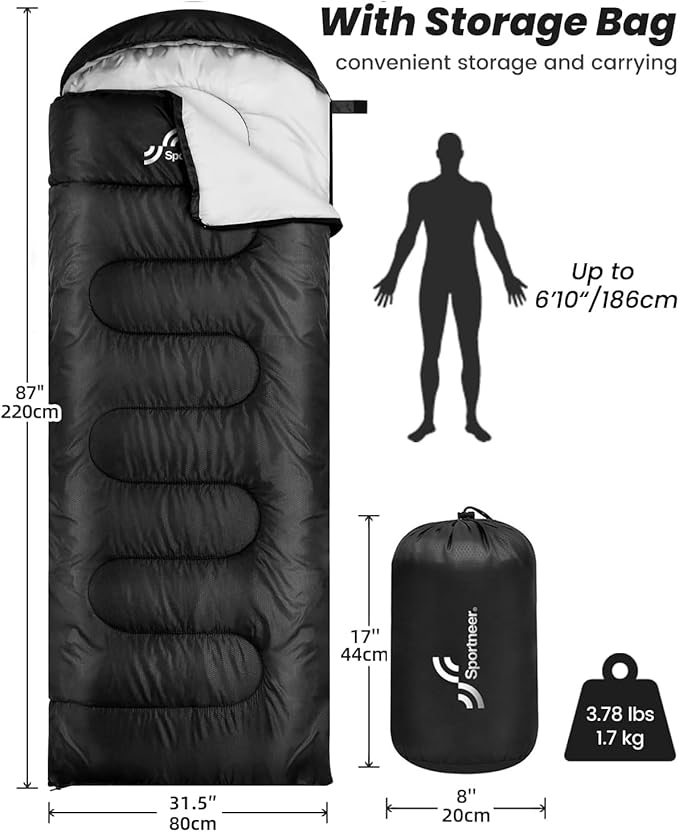 Sportneer Sleeping Bags for Adults, Warm & Cold Weather Sleeping Bag for Adults Kids Boys Girls - Lightweight Compact Camping Gear Equipment, Traveling, Backpacking, Hiking