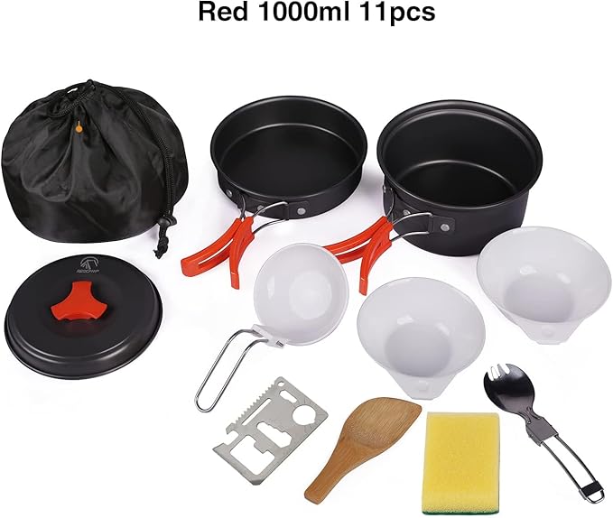 REDCAMP 12/14/15/19 PCS Camping Cookware Mess Kit Camping Gear Campfire Utensils Lightweight Stackable Pot Pan Bowls Soup Spoon with Storage Bag for Camping, Backpacking, Outdoor Cooking, Picnic