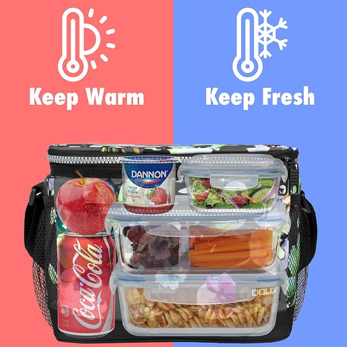 opux Insulated Lunch Box Men Women, Lunch Bag for Work School, Leakproof Soft Cooler Tote Adult, Large Lunch Pail Kids Boys Girls, Picnic Beach Food Bag with Shoulder Strap, Grey Floral