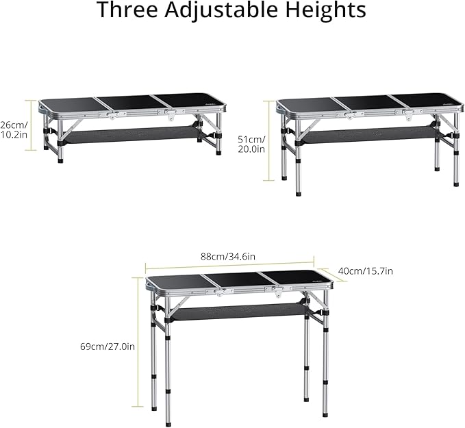 Folding Camping Table with Storage Net, 3ft Camping Table Aluminum Folding Table with 3 Adjustable Height Max 27.1 Inch Picnic Table Portable Table for Outdoor Backyard BBQ, Black