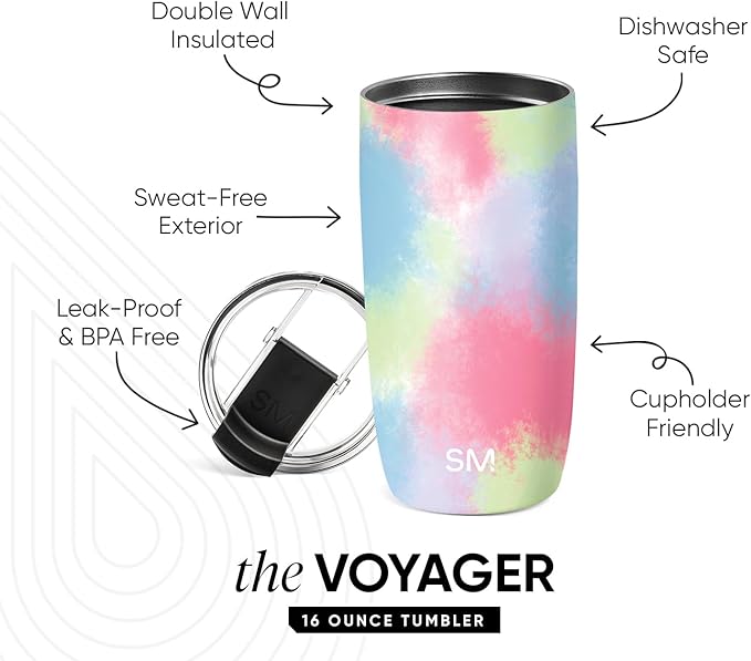 Simple Modern Travel Coffee Mug Tumbler with Flip Lid | Reusable Insulated Stainless Steel Cold Brew Iced Coffee Cup Thermos | Gifts for Women Men Him Her | Voyager Collection | 16oz | Kaleidoscope
