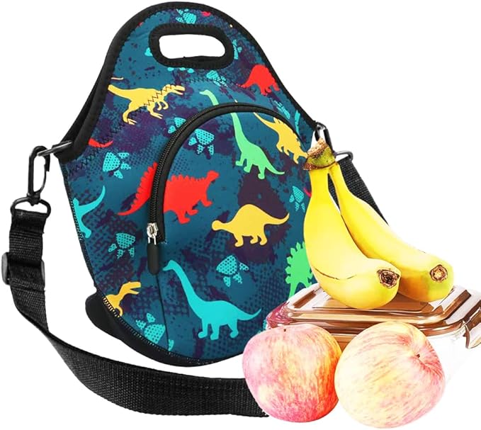 Violet Mist Neoprene Lunch Bag Insulated Lunch Bag Tote Cute Dinosaur Large Thermal Lunchbags with Extra Pocket Detachable Adjustable Shoulder Strap Lunchbox Food Handbags Gifts for Women Men Adult