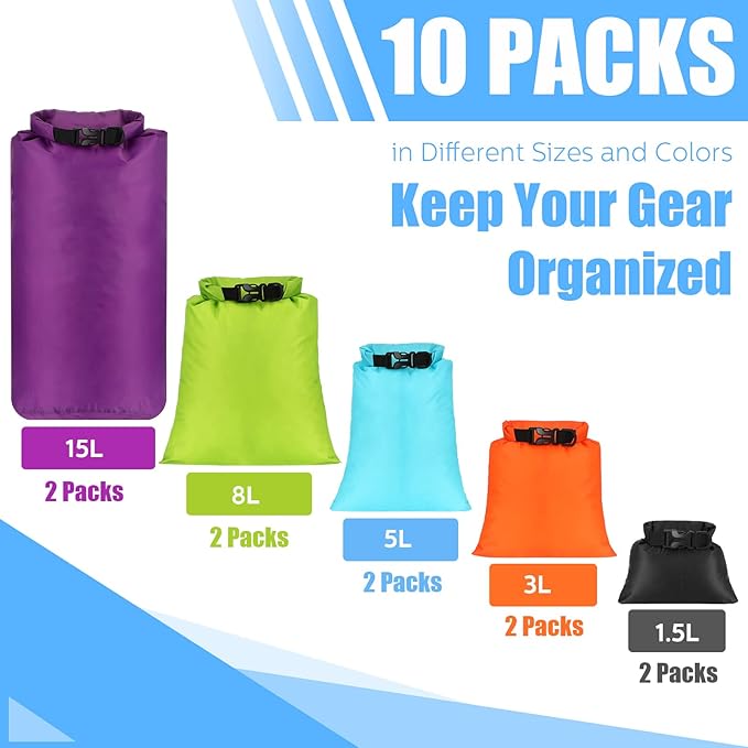 Riakrum 10 Pcs Waterproof Dry Bags, Ultralight Dry Sacks for Backpacking, Outdoor Sacks Keep Gear for Kayaking Boating Hiking Backpacking(1.5,15,3,5,8L,Multi Colors)