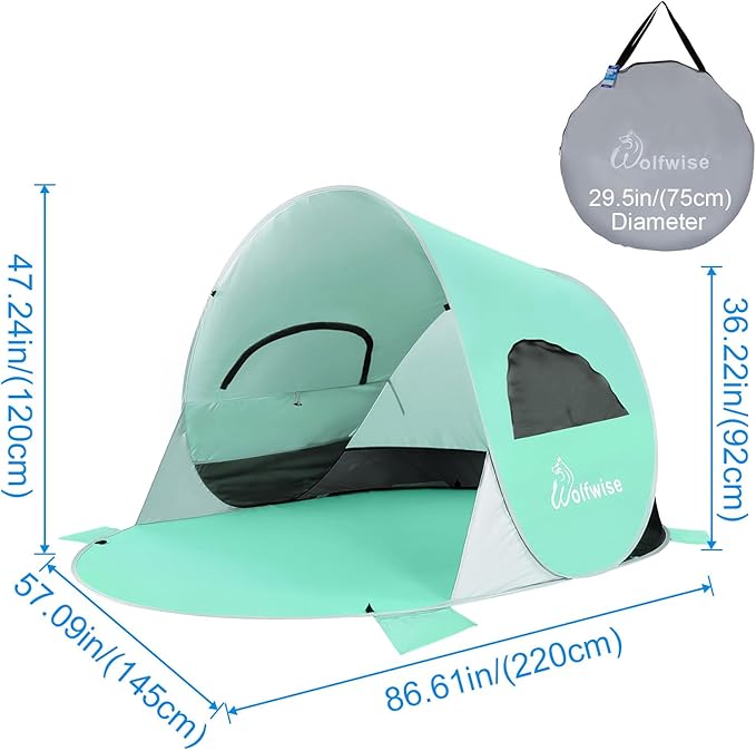 WolfWise UPF 50+ Easy Pop Up 3-4 Person Beach Tent Sport Umbrella Instant Sun Shelter Tent Sun Shade Canopy, Mint Green