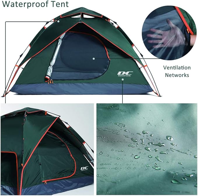 Diamond Candy Pop Up Tents for Camping 2-3 Person, 3000mm Waterproof Tent, Instant Setup in 60 Seconds, 2 Ventilated Mesh Doors, 8x7 ft Sun Shelter