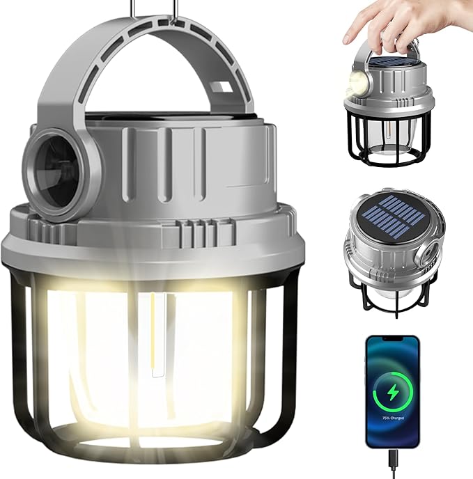 LED Camping Lantern Rechargeable, Solar Camping Lantern with USB Cable, 6 Light Modes Included with Two Light Source Modes for Hurricane, Power Outages