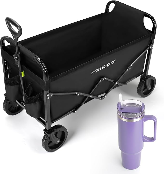 Large Collapsible Wagon Foldable for Grocery, Beach, Park, Yard, 34 x 18 Inch Inner Storage. 300lb Heavy Duty w/Cupholders & 1x 40oz Tumbler Included