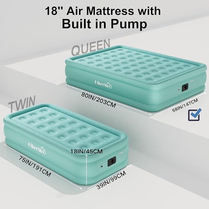 Queen Air Mattress with Built-in Pump, Air Bed with Portable Storage Bag, 18'' Blow up Mattress Suitable for Home and Guests, Top Flocking, 18" Queen Turquoise