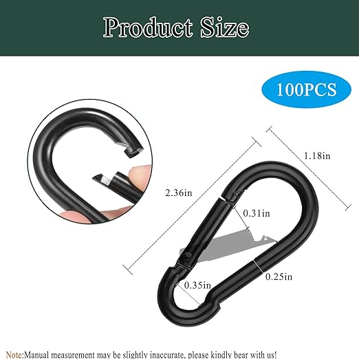 100Pcs Blcak M6 Spring Snap Hooks Carabiner, 2-3/8" Carabiner Clip, Heavy Duty Small Carabiner, 260LBS Holding Capacity Carbon Steel Snap Clip Hook for Swing Hammock Gym Outdoor Hiking Camping