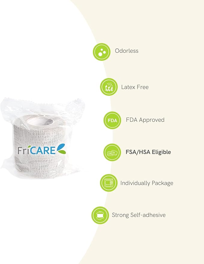 FriCARE Self Adhesive Bandage Wrap, Medical Tape in First Aid Kit, Cohesive Bandages for Wounds Sport Vet, FSA/HSA Eligible, 2 Inches X 5 Yards 6 Rolls, White