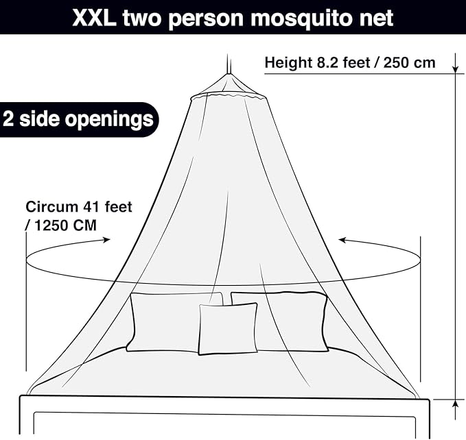 Black Mosquito Net for Single to King-Sized Beds – 2 Openings or Fully-Enclosed Bed Canopy – Conical Design for Decoration or Travel – Free Bag & Hanging Kit for Easy Setup