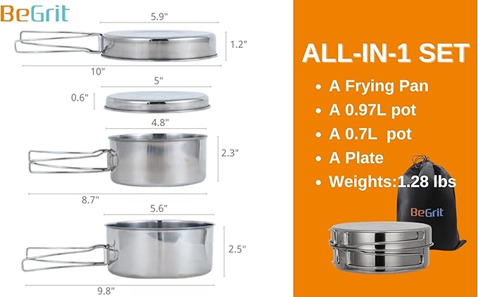 BeGrit Backpacking Camping Cookware Mini Picnic Camping Cooking Mess Kit with Pot and Pan Set for Hiking