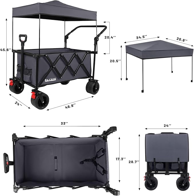 2 in 1 Collapsible Wagon with 300lbs Weight Capacity,150L Heavy Duty Utility Cart with Removable Canopy,with Big All-Terrain Beach Wheels & Drink Holders,Gray